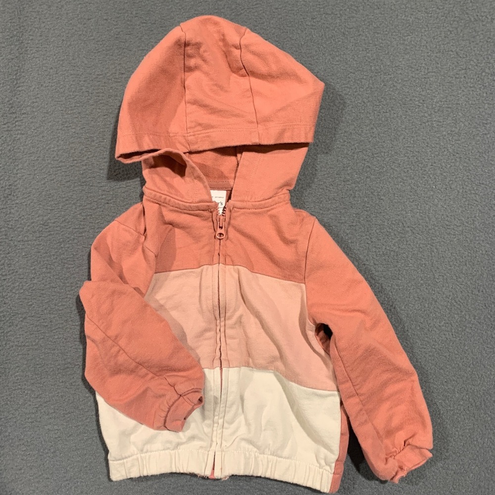 Carter's Zip-Up Hoodie Baby Girl 12M Colorblock‎ Coral Pink White Sweatshirt